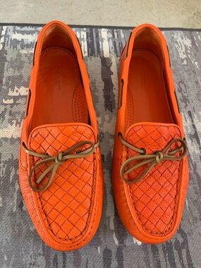 Bottega Veneta Orange Intrecciato Leather Driving Loafers with Brown Lace